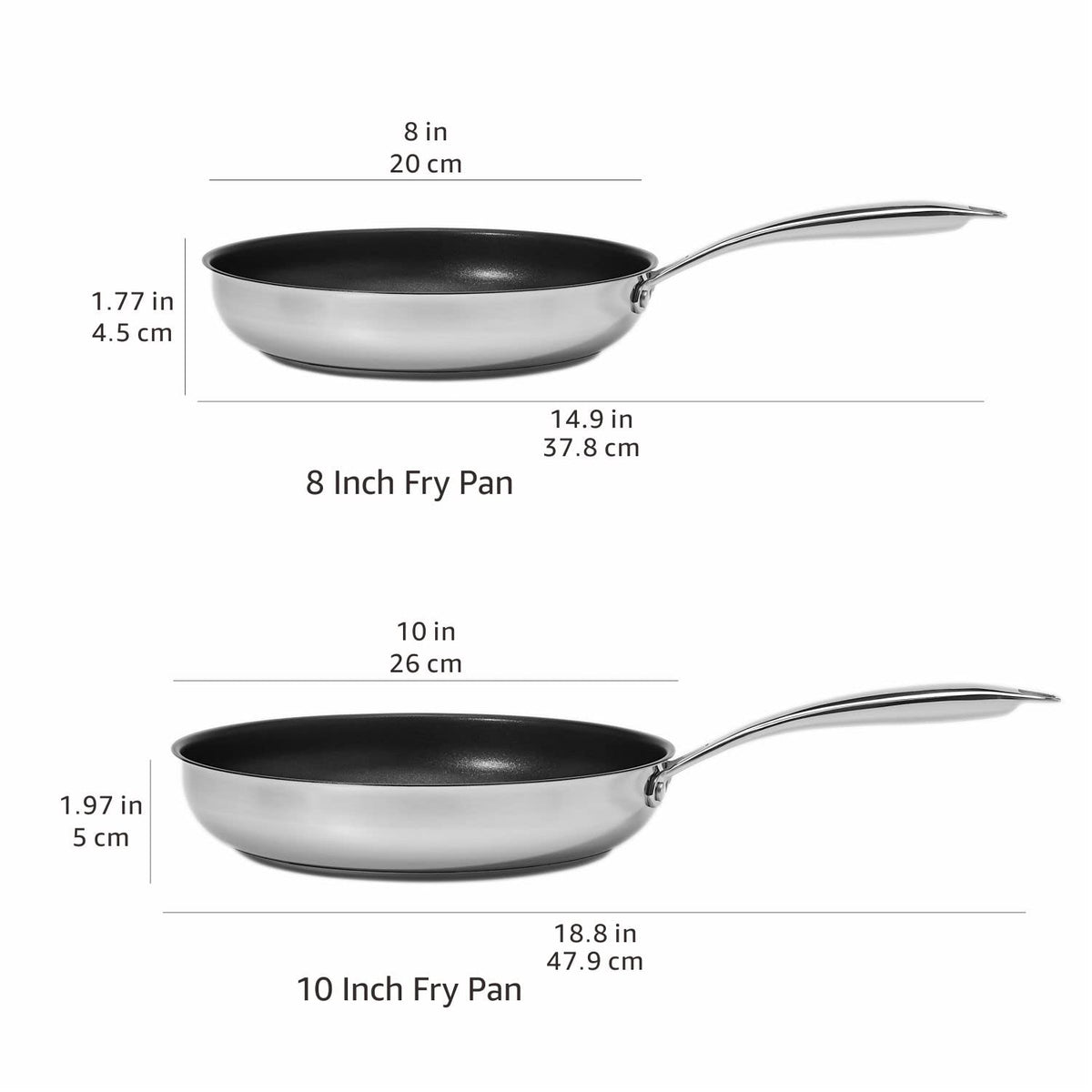 2-Piece Non-Stick Stainless Steel Fry Pan Set, Oven Safe, Induction Compatible, Stay-Cool Handles, 10-Inch and 8-Inch
