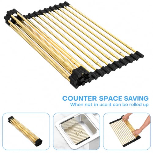 Expandable Roll Up Dish Drying Rack (Black+gold Expandable)