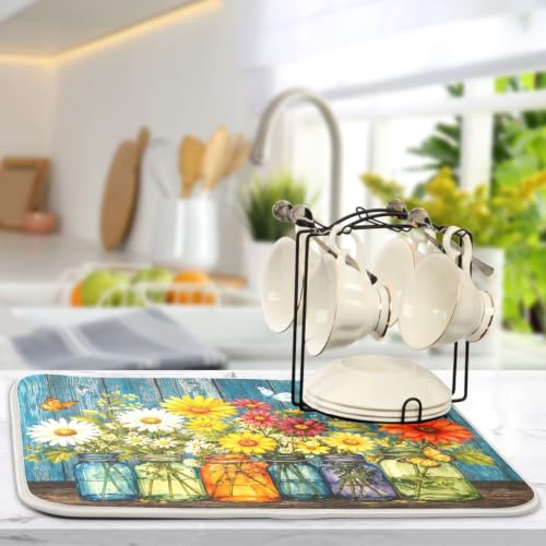 Daisy Flowers Vases Butterfly Dish Drying Mat for Kitchen Counter Absorbent Microfiber Drying Pad (16" x 18")