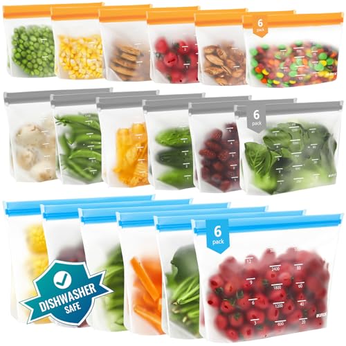 Dishwasher Safe Reusable Storage Bags Stand Up (Multicolor (6 Gallon + 6 Sandwich + 6 Snack))