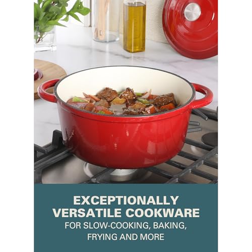 Addlestone 5 Quart Red Enamel Cast Iron Dutch Oven with Lid and Dual Handles (5-Quart / Gradient Red)