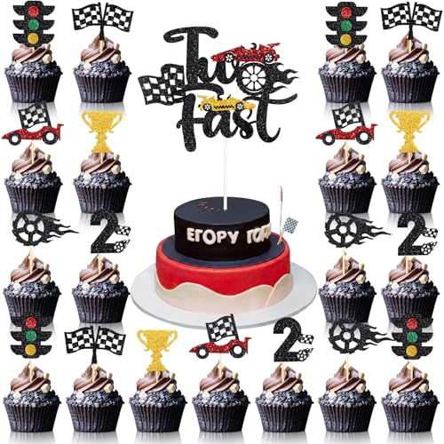 49 Pcs Two Fast Cake Topper Car Cupcake Topper 2nd Birthday Decor