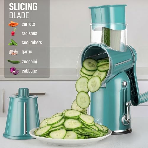 Rotary Cheese Grater Manual Hand Crank 5 Blade Shredder (5 Blades / Classic | Green)
