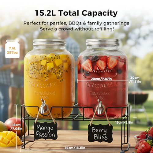 2 Gallon Glass Drinks For Parties With Stand.Stainless Steel Spigots & Metal Stand (2 Gallon Double With Stand)