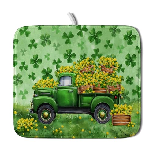 Dish Drying Mat for Kitchen Counter St Patricks Festival Decor Small (Green Lucky Truck / 18" x 16")