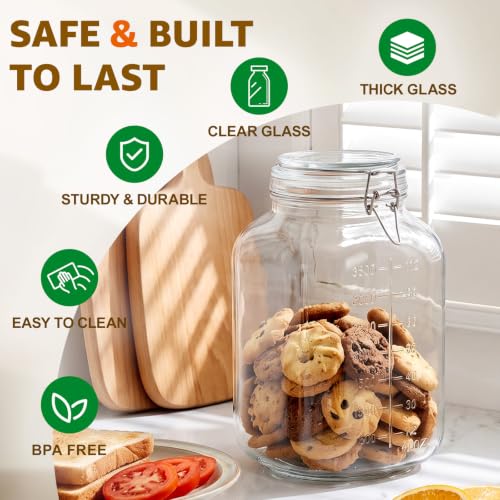 Large Square Glass Jars with Airtight Lids 1.1 Gallon Wide Mouth (Clear 1.1 Gal Square - 2 sets)