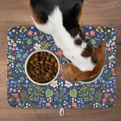 Flower Floral Dish Drying Mat 18x24 inch Microfiber Navy Blue Drying Mats with Hanging Loop Absorbent Green Leaves Dish Drainer Mat Reversible Flowers Drying Pad for Kitchen Counter Sink (Colored Flower / 24" x 18")
