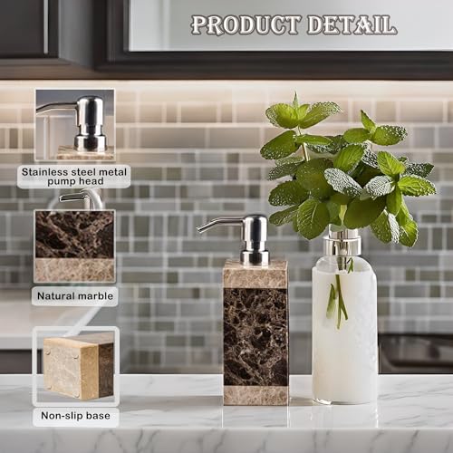 Hand Liquid&Lotion Soap Dispenser Pump Bottle Natural Marble for Kitchen Bathroom Countertop Laundry Room Holds Dish Soap Shampoo Laundry Liquid Shower Gel