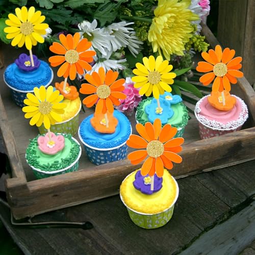 24Pcs Orange Daisy Cupcake Toppers Flower Cake Toppers Daisy Cake Decorations Chrysanthemum Cupcake Toppers Spring Daisy Flower Cake Picks for Birthday Wedding Supplies (24 Count)
