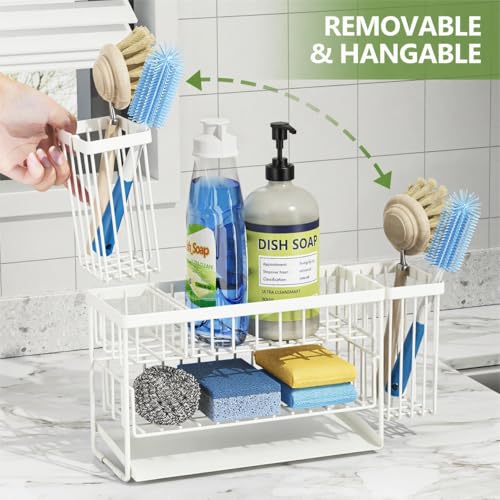 White 2 Tier Kitchen Sink Caddy Organzier Rack with Flexible Dish Brush Holder (White / Medium)