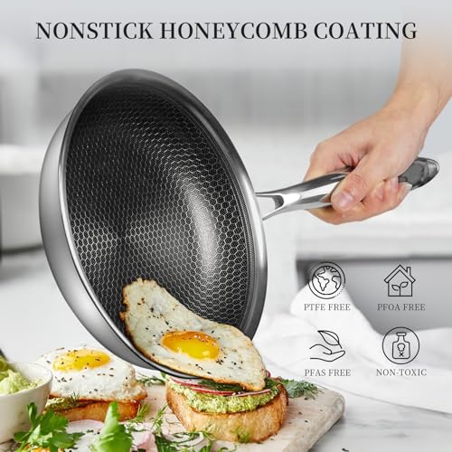 Stainless Steel Frying Pan Nonstick Frying Pan with Lid 10 Inch Honeycomb Stainless Steel Skillet Woks Pan for Gas Electric Induction Ceramic Stoves and Oven (10 Inch With Lid)