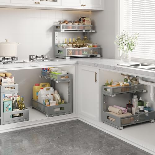 1 Pack-11.4"-16.14" H Under Sink Storage Organizer, Large 2-Tier Elegant Mesh Pull Out Shelf for Kitchen & Bathroom Cabinet Organization, L-Shaped, Adjustable Height-Gun Gray (Gun Gray / 1 Pack-15.74"Dx11.4"-16.14"H)