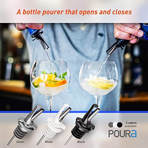 3-in-1 Liquor Pour Spout | Olive Oil Spout with Built-in Caps for Optimal Fly and Dust Protection - Dishwasher Safe, Hygienic Alcohol Speed Spouts - Black 2 PCs with 2 Adapters for Large Neck Bottles (Black2pk + 2 Adapters)
