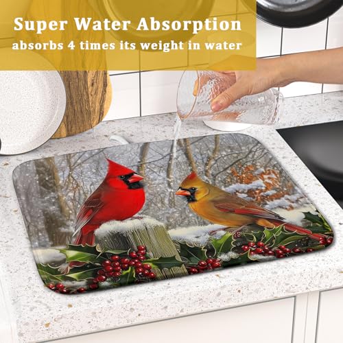 Winter Birds Dish Drying Mat Red Berry Dish Drainer Rack Mat Microfiber Absorbent Dish Drying Pad for Kitchen Counter Coffee Bar 16x18 Inch (Winter Red Birds / 16" x 18")