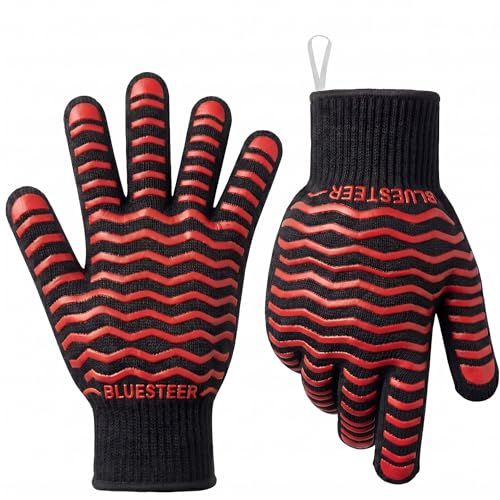 BBQ Gloves 1472°F Heat Resistant Oven Gloves with Fingers (Black-red / One Size Fits Most)