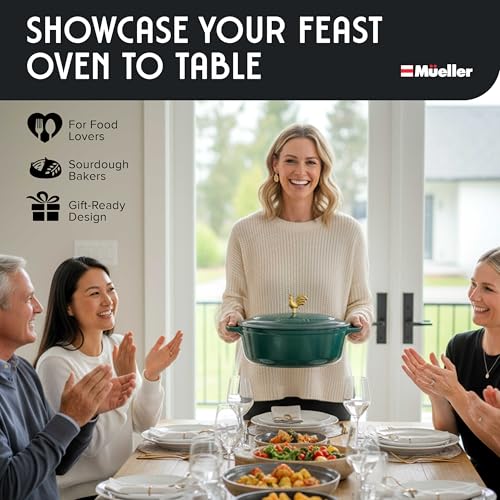 MUELLER HOME 5.5 Quart Enameled Cast Iron Oval Dutch Oven with Rooster Knob and Cotton Potholders (5.5 Quart -Oval / Emerald Green)