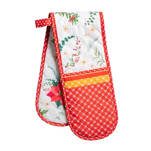 Double Oven Mitts 100% Cotton Double Oven Glove (117 - Poinsettia Christmas / 7" x 35" (Double Oven Mitt))