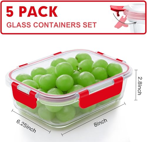 5 PACK 36 OZ Glass Meal Prep Containers Set with Lids (5 Count)