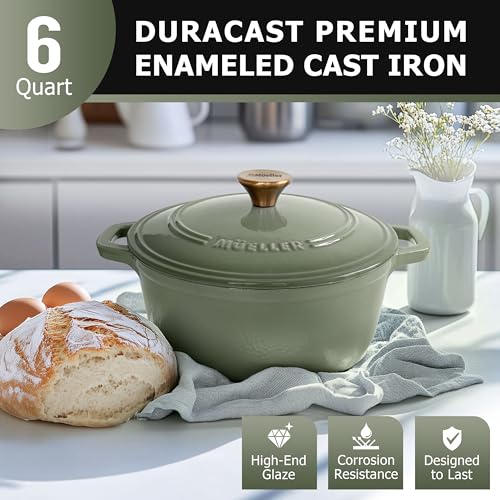 MUELLER HOME 6 Quart Enameled Cast Iron Dutch Oven (6 Quart -Round / Thyme Green)