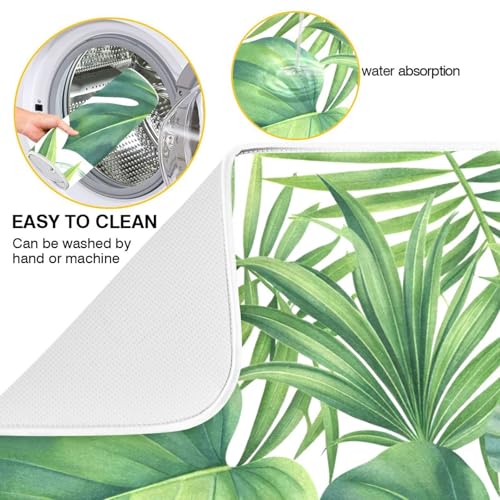 Green Monstera Palm Leaves Dish Drying Mat for Kitchen Counter Absorbent Microfiber Drying Pad (18" x 24")