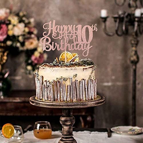 1 PCS Happy 10th Birthday Cake Topper Glitter Cheers to 10 Years Birthday Cake Pick 10 Fabulous Double Digits Cake Decoration for Happy 10th Birthday Theme Party Decorations Supplies Rose Gold (Rose Gold / 10th)