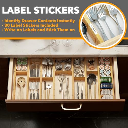 Bamboo Drawer Dividers with Inserts and Labels (2.35''H, 17''-22''L, 10 Dividers / NATURAL)