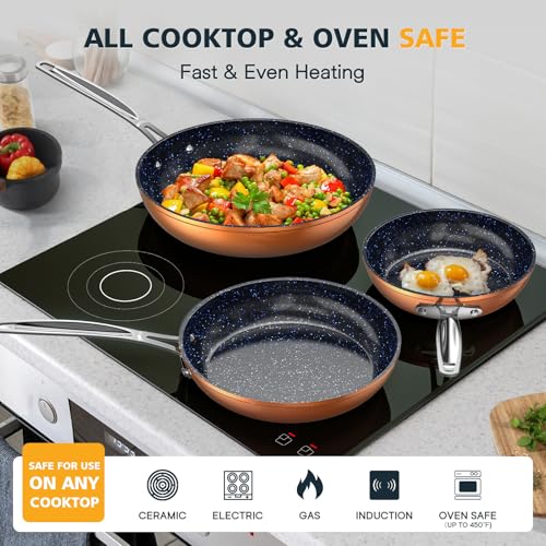 3-Piece 8”, 10”, 12” Forged Lightweight Frying Pan Set, Cozy Blue (3pc Fry Pan Set / Rustic Copper)