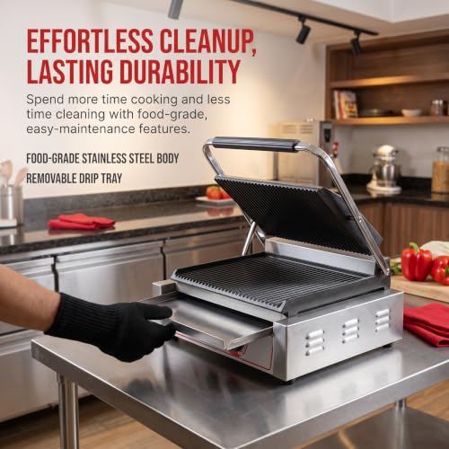 Commercial Panini Grill Flat Press Sandwich Maker Industrial Panini Machine Single Grill Big (Standard Grooved Top And Bottom)