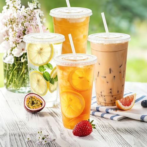 50 Pack 24 oz Clear Plastic Cups with Lids and Straws Disposable (Clear / 24 oz)