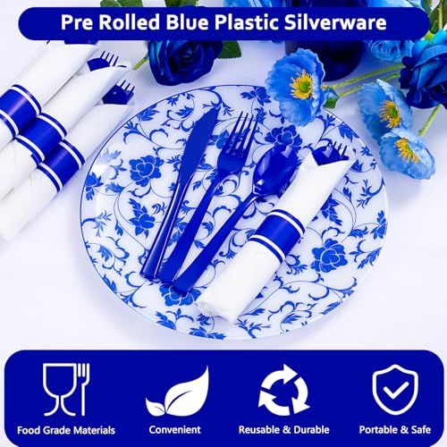 400PCS Pre Rolled Blue Plastic Silverware Set Heavy Duty for Wedding (Blue - Classic)