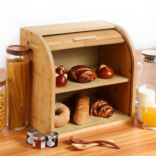 2 Layer Bamboo Bread Box for Kitchen Organizer (Bamboo / Large)