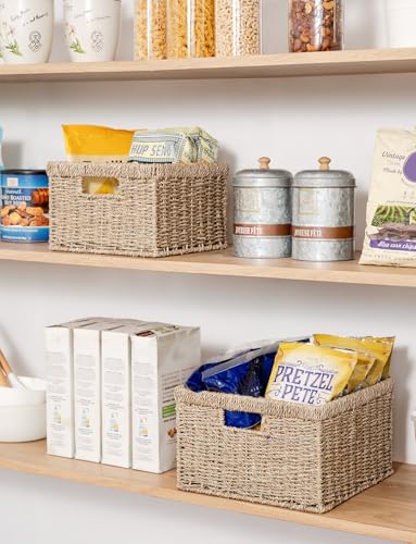 Wicker Storage Baskets for Shelves (Natural (Seagrass) / 11½"L x 11½"W x 7"H + 9¾"L x 9¾"W x 6½"H)