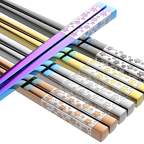 Metal Chopsticks Reusable 5 Pairs Multicolor Stainless Steel Chopsticks Dishwasher Safe Square Lightweight Non