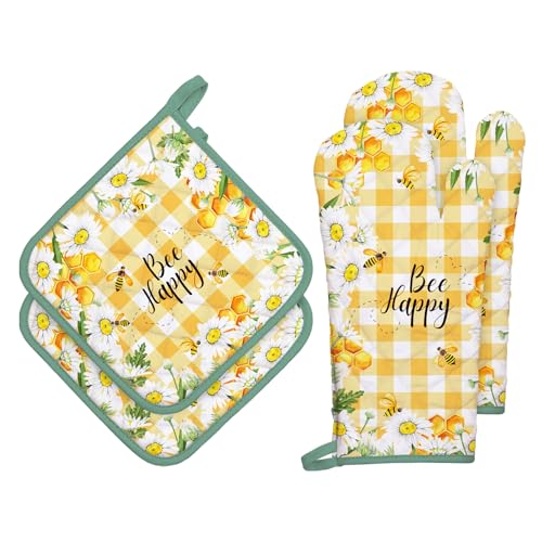 Bee Daisy Oven Mitts and Pot Holders Set (Bee Daisy / Oven Mitt x2 & Pot Holder x2)