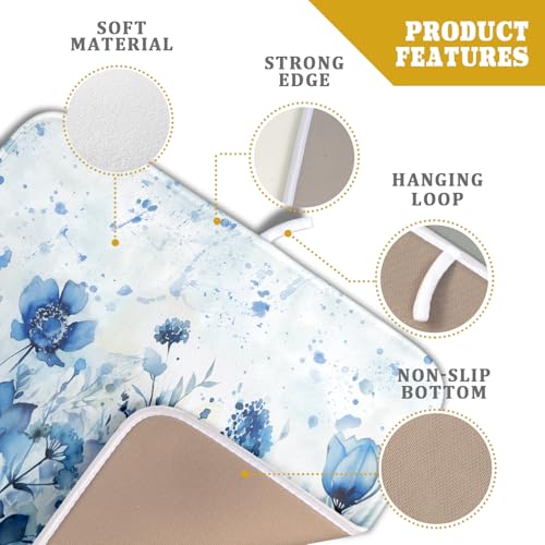 Blue Floral Dish Drying Mat for Kitchen Counter Watercolor Leaves Dishes Drainer Rack Mat Absorbent Microfiber Dish Draining Pad 16x18 Inch (Watercolor Blue Floral / 16" x 18")