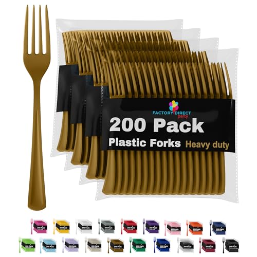 Gold Plastic Forks 200 Pieces Gold Forks Disposable Utensils Heavy Duty Plastic Cutlery Set Disposable Cutlery Sets Flatware Sets Silverware Set Party Supplies & Party Tableware (Gold / Forks)
