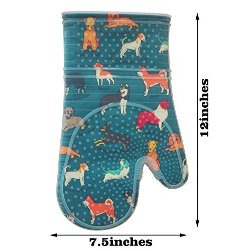 Oven Mitts with Transparent Clear Silicone Shell and Nice Dog Printing (Oven mitts / Blue)