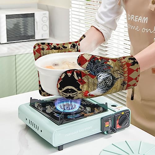 Rooster Print Oven Mitts and Pot Holders Sets Silicone Rooster Kitchen Mitts Potholders Heat Resistant 4Pcs Oven Gloves Hot Pads for Kitchen Baking Cooking BBQ Grilling (Rooster)