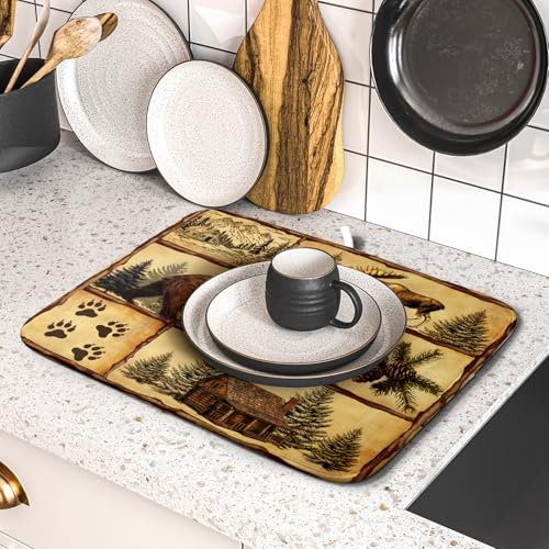 Vintage Bear Moose Dish Drying Mat 16x18 Inch Country Cabin Absorbent Dish Draining Mat Heat Resistant Drying Pad for Counter Sink Home (Vintage Bear Moose / 16" x 18")
