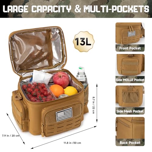 Tactical Lunch Bag for mens Military heavy duty lunch box work Leakproof insulated Durable Thermal Cooler Bag for Adult Meal for Office Camping Picnic Pail MOLLE Webbing Khaki