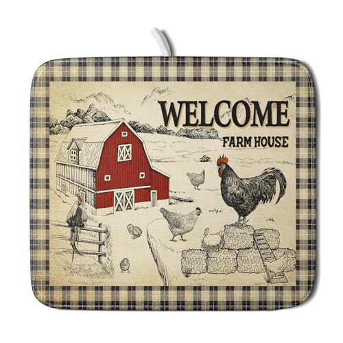 Farmhouse Rooster Dish Drying Mat 16x18 Inch Country Chicken Absorbent Dish Drainer Mat Reversible Countertops Protector Pad Kitchen Accessories (Farmhouse Rooster / 16" x 18")