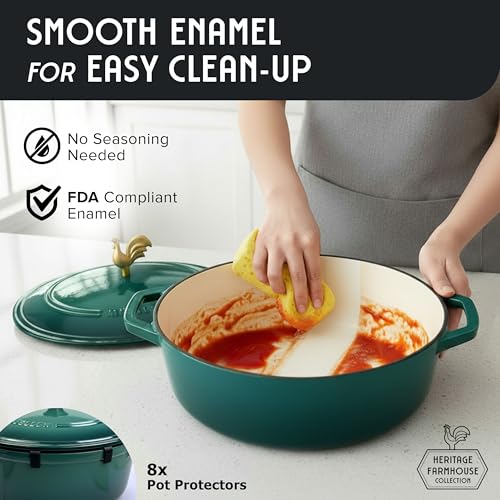 MUELLER HOME 5.5 Quart Enameled Cast Iron Oval Dutch Oven with Rooster Knob and Cotton Potholders (5.5 Quart -Oval / Emerald Green)