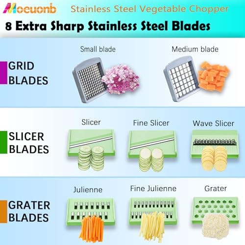 All-in-1 Vegetable Chopper with 8 Blades - Mandoline Slicer-Pro Food Chopper with Container - Veggie Salad Onion Chopper - Potato Dicer French Fry Cutter - Cheese Grater - Stainless Steel material (8 Blade)