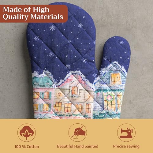 Maison d'Hermine Oven Gloves 100% Cotton Oven Mitt (123 - Christmas Market - Blue / 7.5" x 13" (Oven Mitt))