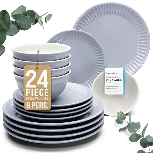 24 Piece Stoneware Dinnerware Set for 8 (Hygge / Gray Blue / Set for 8 (24pcs))