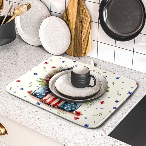 American Patriotic Floral Dish Drying Mat Flower Vase Drainer Rack Mats 16"x18" Absorbent Microfiber Dish Dry Pad for Kitchen Counter Sink (Patriotic Floral Vase / 16" x 18")