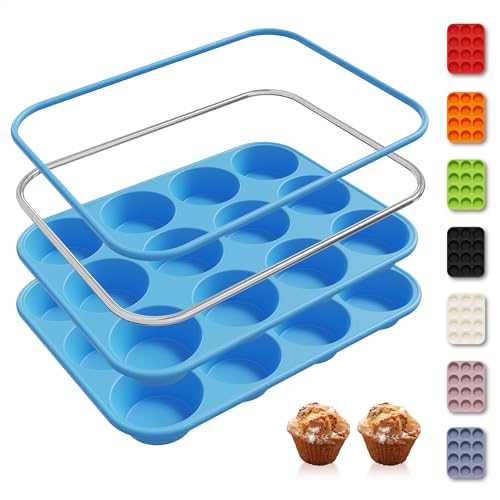 2 Pack 12 Cups Silicone Muffin Pan with Metal Reinforced Frame Regular Size Silicone Molds Cupcake Cake Baking Pans Cookie Baking Chocoflan Cupcake Mold Muffin Tin Tart Pans Necessities Cookware (2pc: 12-Cup Regular / Blue)