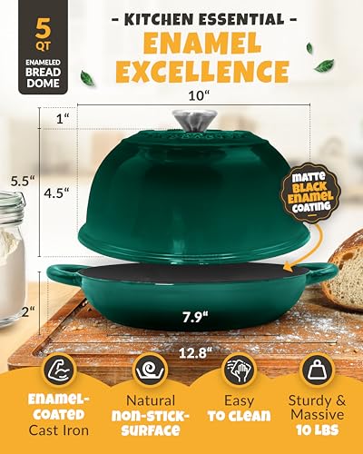 5 QT Enameled Dutch Oven for Bread Baking with Lid & Starter Kit (Bottle Green / 5QT Dome)