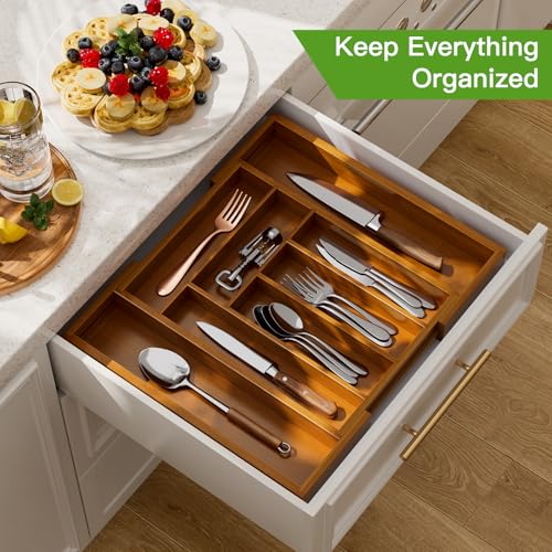 Bamboo Expandable Drawer Organizer for Utensils Holder (Brown / Large)