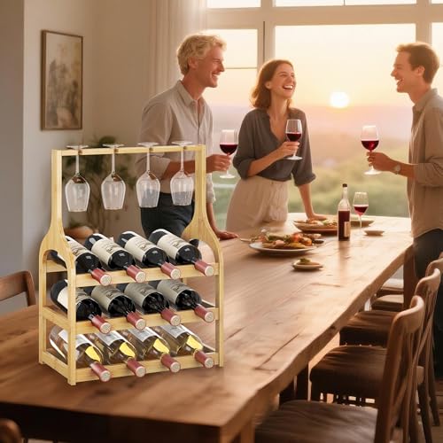 Bamboo Wine Rack Countertop (Natural 3-tier With Glass Holder)